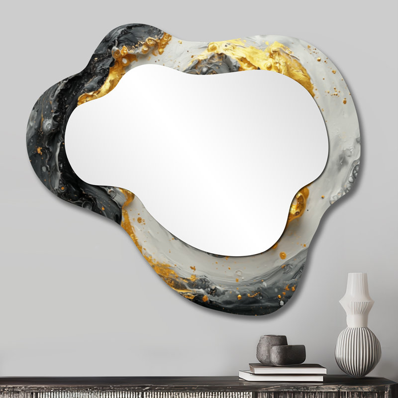 Abstrait Vortex cosmique noir et or I - miroir mural décoratif en spirale abstraite, miroir de coiffeuse moderne, imprimé sur métal