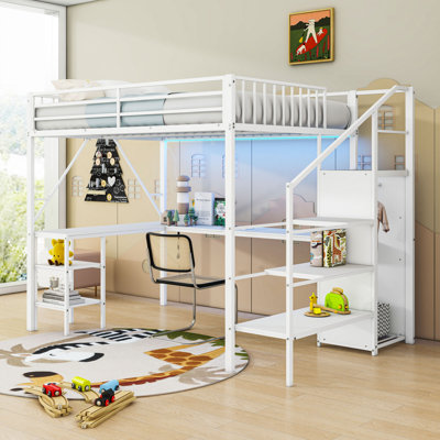 Metal Loft Bed With USB Charging Station, Desk, Wardrobe, LED Lighting And Shelves