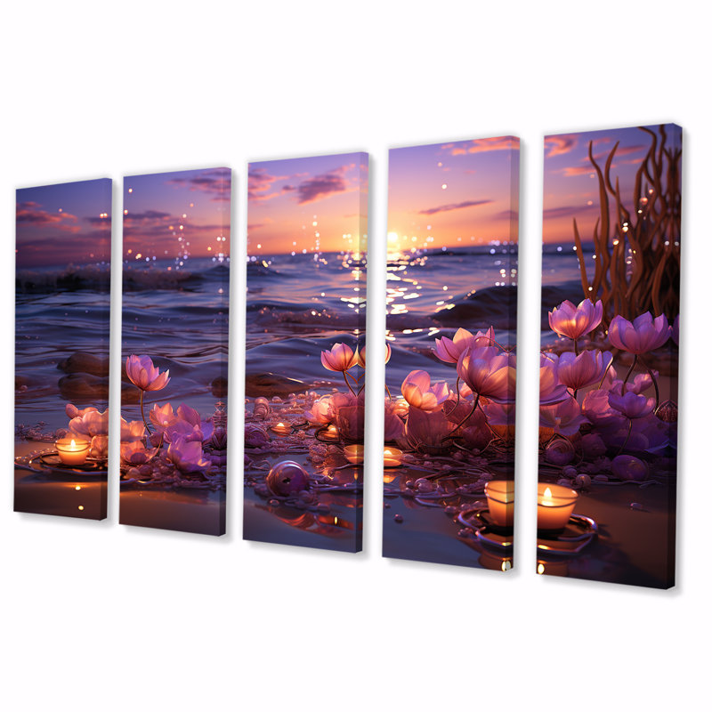 «Sunset Floral Beach Flourish I - Coastal Beach», art mural 5 pièces, H 32 po x l 80 po