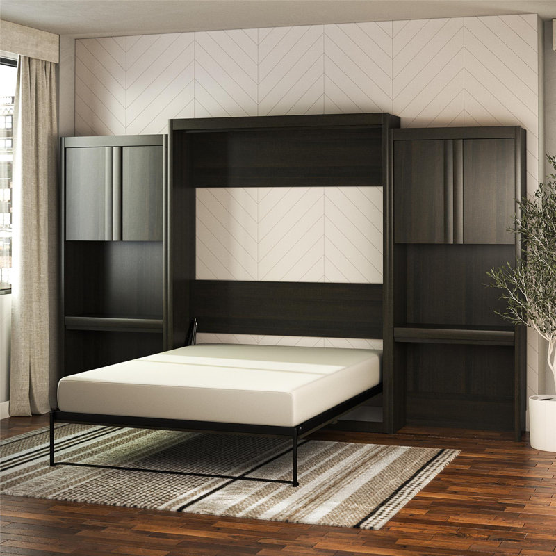Wexford Murphy Storage Bed with 2 Vanity/Desk Storage Cabinets and Drawers, Queen, Ivory Oak