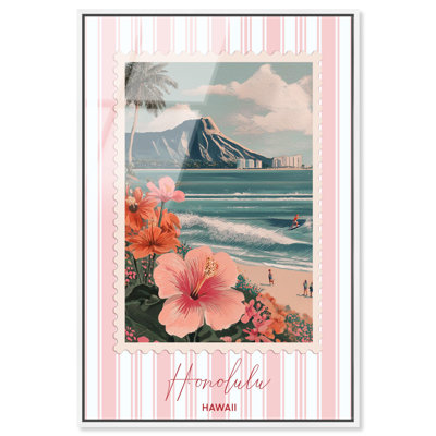 Honolulu Travel Stamp Framed Acrylic Print Vintage Poster Art by Art Remedy, White Frame, 10 x 15