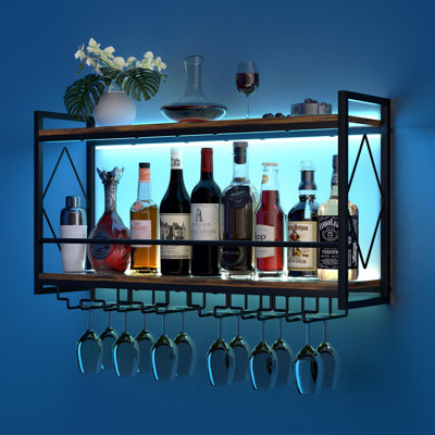 Wall Mounted Wine Rack With LED Light, 31.5" Bar Liquor Shelves With Glass Holder, Metal Hanging Bar Shelves Wine Storage Rack Display For Kitchen Hom