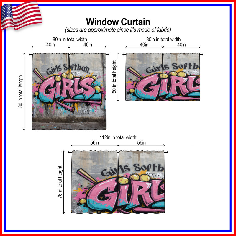 Rideaux de fenêtre pour fille Softball Graffiti, 80 po x 61 po - 2 panneaux, Transparent