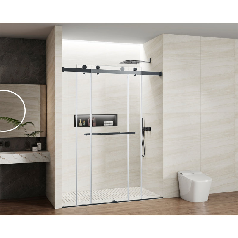 56 à 60 po X 76 po porte de douche coulissante double, 5/16 po verre trempé transparent facile à nettoyer noir mat, Noir mat