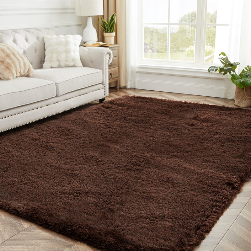 Jenese Soft Fluffy Brown Indoor / Outdoor Living Room Area Rug, Rectangle 3' x 5'