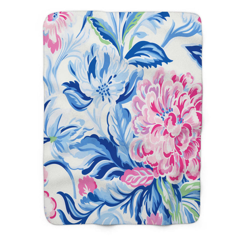Motif de balise maritime - 1 pièce Sherpa Premium, L 50 po x L 60 po, Chic chic à fleurs roses et bleues