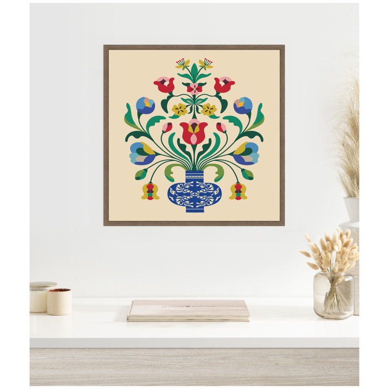 «Floral Blue Vase» par Rachel Lee, 3 oiseaux, reproduction d'art sur toile encadrée, Brun