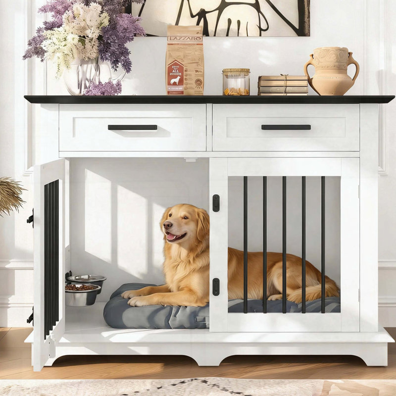 Grand meuble cage pour chien avec 2 tiroirs de rangement et bols rotatifs à 360 ° - blanc et noir