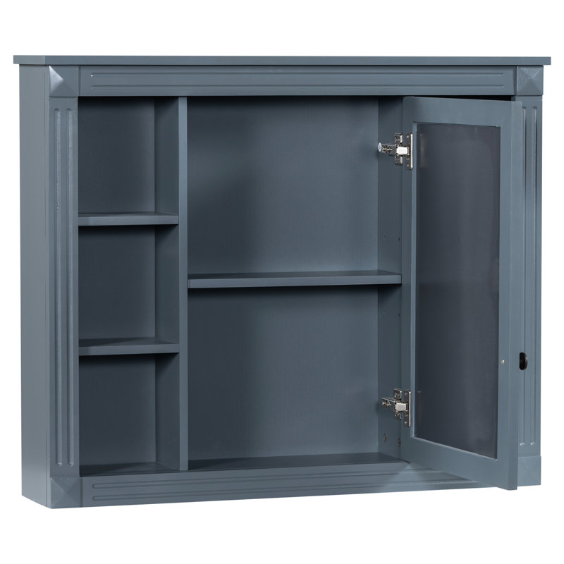 Armoire de salle de bain avec miroir - 35 po x 28 po, étagère spacieuse, tableau, rangement mural polyvalent de 28 po, construction, surface peinte en bleu