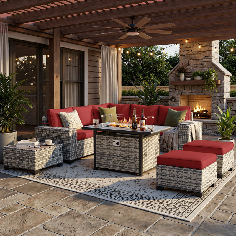 Ensemble de conversation modulaire pour l'extérieur 9 pièces avec table de foyer, canapé modulaire et repose-pieds, Rouge