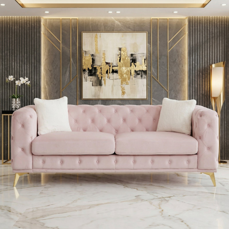 Causeuse Chesterfield en velours capitonné Modern, Rose, 3 sièges