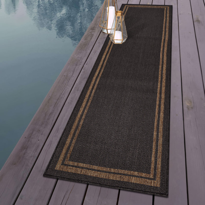 Tapis intérieur / extérieur tissé à plat en jute gris foncé / naturel Border, Gris foncé, Tapis de couloir 2 pi 3 po x 8 pi