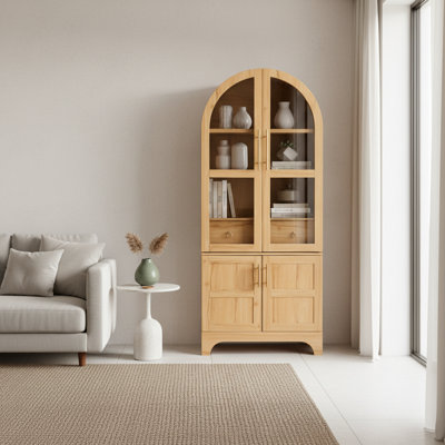 Armoire de cuisine de 71 po de hauteur arquée Farmhouse avec porte en verre, tablettes réglables, tiroir caché et porte, MDF naturel