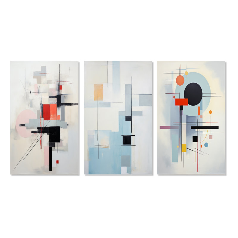 «Beige Blue Suprematism Serene Abstractions», 3 pièces sur toile, H 20 po x l 36 po, Toile tendue