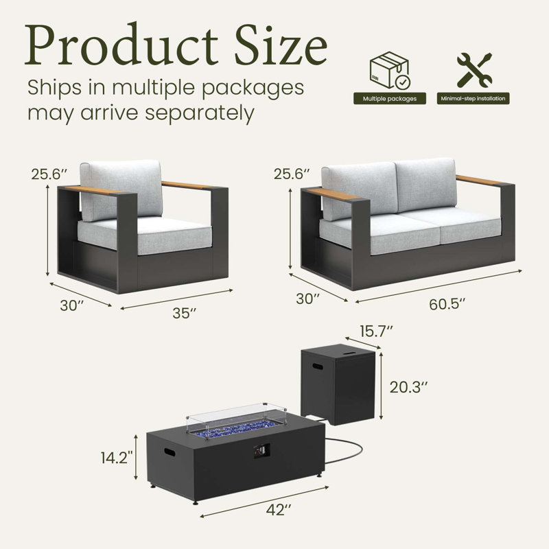  Outdoor Oversized Aluminum 4-piece Conversation Set With Firepit Table And 6-inch Cushion, Light Gray