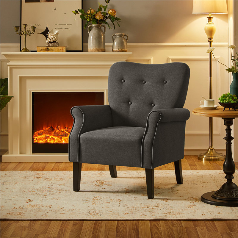 Button-Tufted Accent Chair - Solid Wood Legs with Rolled Arm, Dark Grey