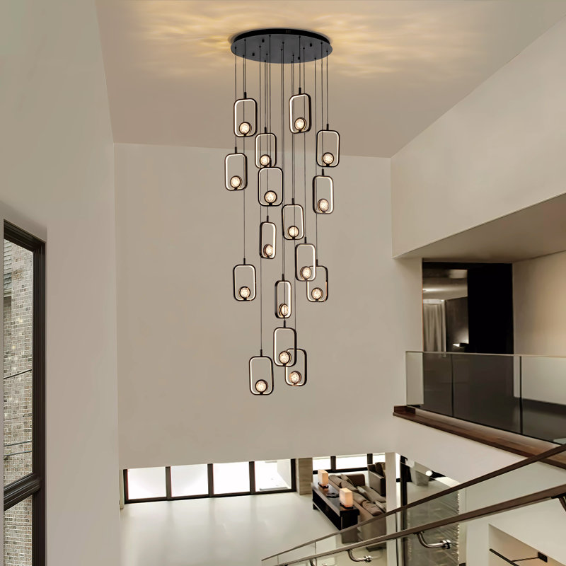 Pawnee 16-Light Black Cylinder Chandelier with Crystal Balls, Dimmable LED Lights & Remote Control for High Ceilings