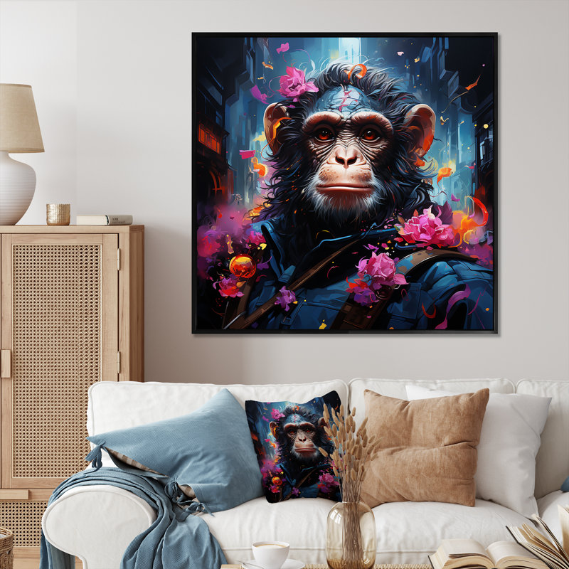 Floral, singe, art mural singe, H 16 po x l 16 po x P 1 po, Cadre flottant noir