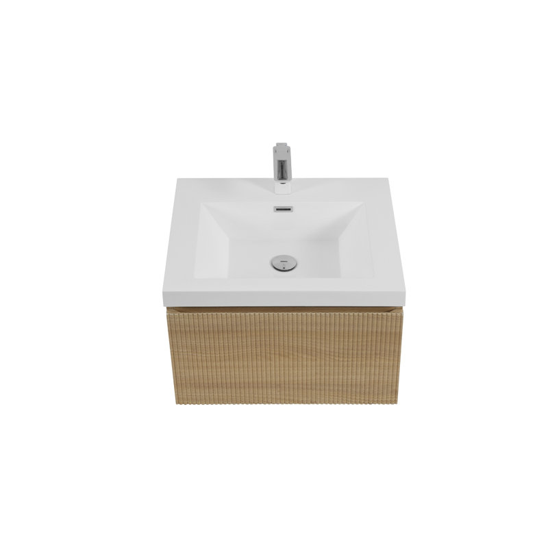 Meuble-lavabo mural avec lavabo à surface solide, Blanc, Bois de chêne naturel, 24"
