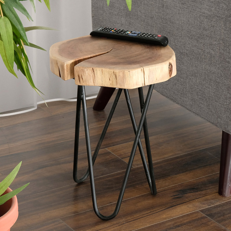 Table de bout / d'appoint en bois d'acacia, tabouret d'appoint, pieds en épingle à cheveux en fer
