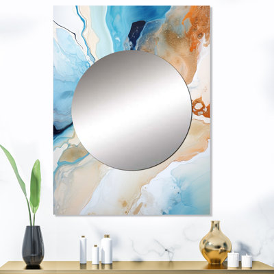 Innaya bleu et blanc à l'encre liquide IV - formes abstraites grand miroir, décor de miroir mural unique et moderne, impression d'art en métal
