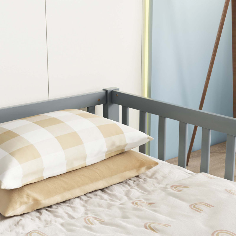Double Twin Floor Bed With Fence, Guardrails, Grey