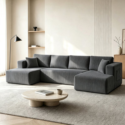 Canapé modulaire en forme de U de 132 po gris foncé, canapé à 6 places avec méridienne réversible et poches latérales, canapé en mousse de velours côtelé rayé et canapé à ressorts ensachés pour salon