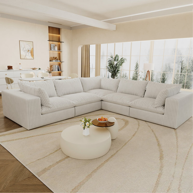 Nuage de velours côtelé blanc de 118,2 po, 5 sièges, fabrication à deux couches, coussin amovible, sans assemblage, bricolage pour le salon et la conférence, rembourrage en mousse souple, compression à haute densité pour économiser de l'espace
