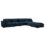 Canapé d'angle modulaire en velours côtelé bleu foncé, 144 po L x 72 po P x 33 po H. Aménagement personnalisable.