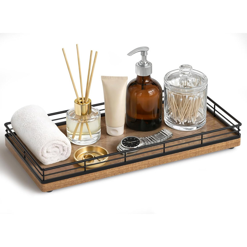 Plateau de meuble-lavabo de salle de bain pour comptoir, plateau de réservoir de toilette en bois d'acacia 12 po x 6 po avec garde-corps en métal, organisateur de salle de bain