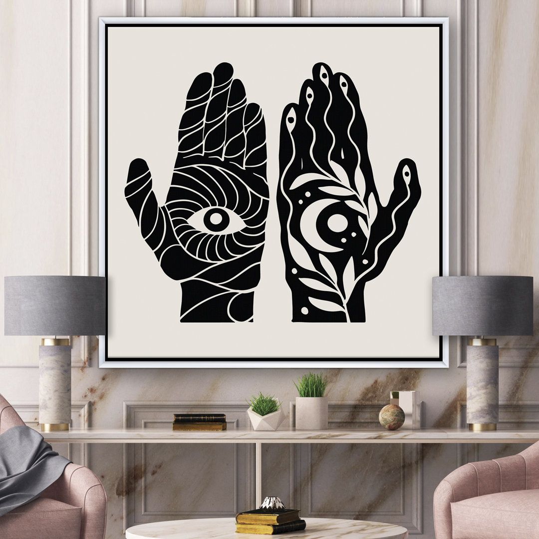 " Hamsa Hands With Eye And Moon Black And White Illustration " East Urban Home 