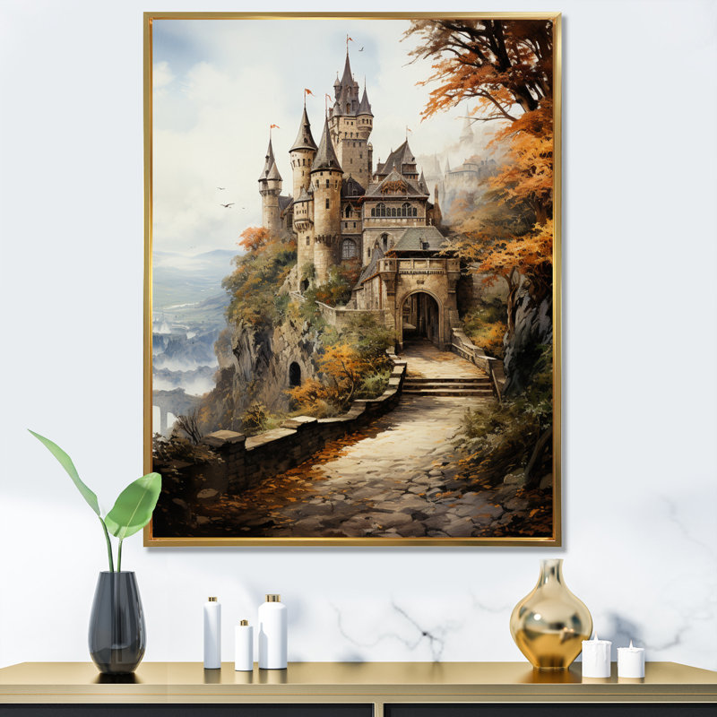 Flurée Châteaux médiévaux Splendor Rich - reproduction sur toile, Cadre flottant doré, H 40 po x l 30 po x P 1,5 po