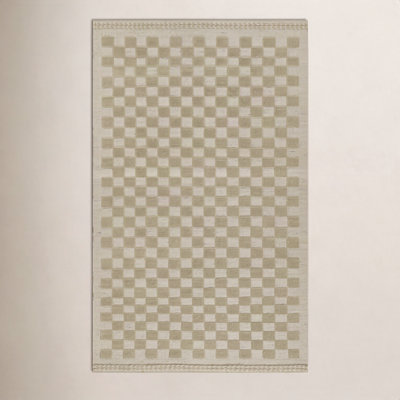 Azle Beige Tan Hand-Woven Checkered Wool Rug