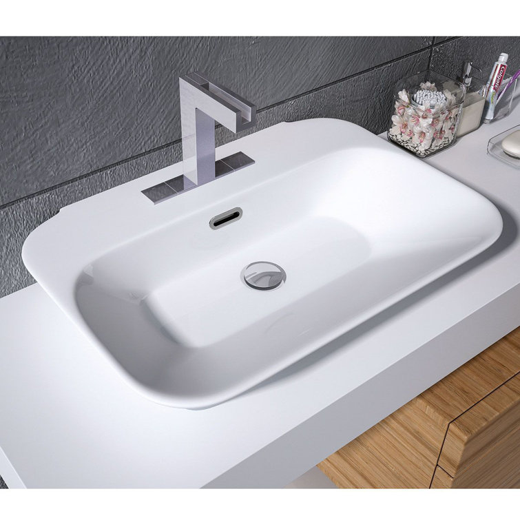 WS Bath Collections Edge 17.3'' Glossy White Ceramic U-Shaped Bathroom Sink with Faucet and Overflow