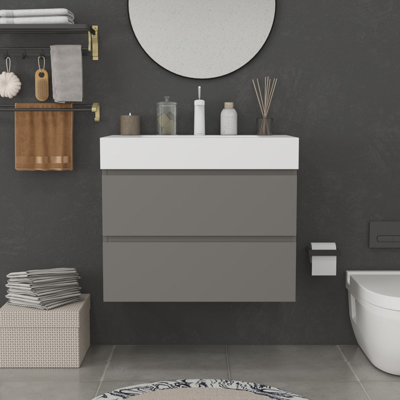 Meuble-lavabo moderne avec lavabo, Gris, Blanc