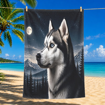 1Pcs Husky Dog Beach Towel, featuring a stunning night sky, full moon, and majestic mountains with pine trees in realistic painting style. Large microfiber, perfect for, pool, travel, unisex.