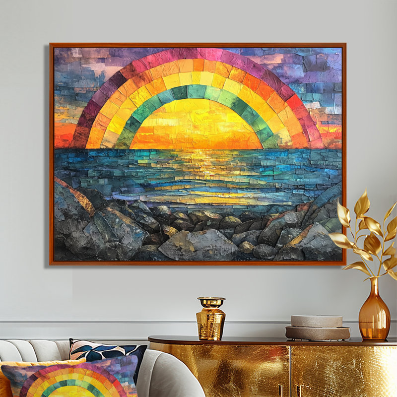 Coastal Rainbow Over The Rocky Shoreline - Art mural arc-en-ciel, H 12 po x l 20 po, Cadre flottant brun