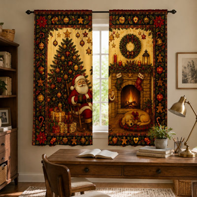 2Pcs Christmas Santa Fireplace Scene Curtains, Festive Holiday Themed Children Room Window Drapes with Rod Pocket for Bedroom Living Home Decor