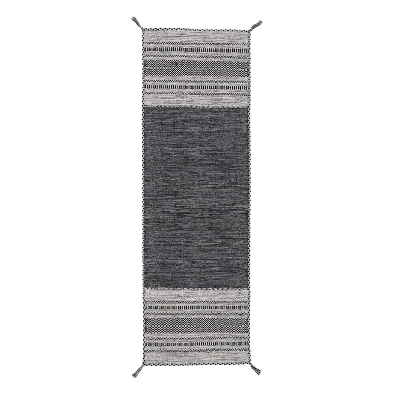 Azizi Striped Hand Woven Cotton Black Rug, Runner 80 x 500cm
