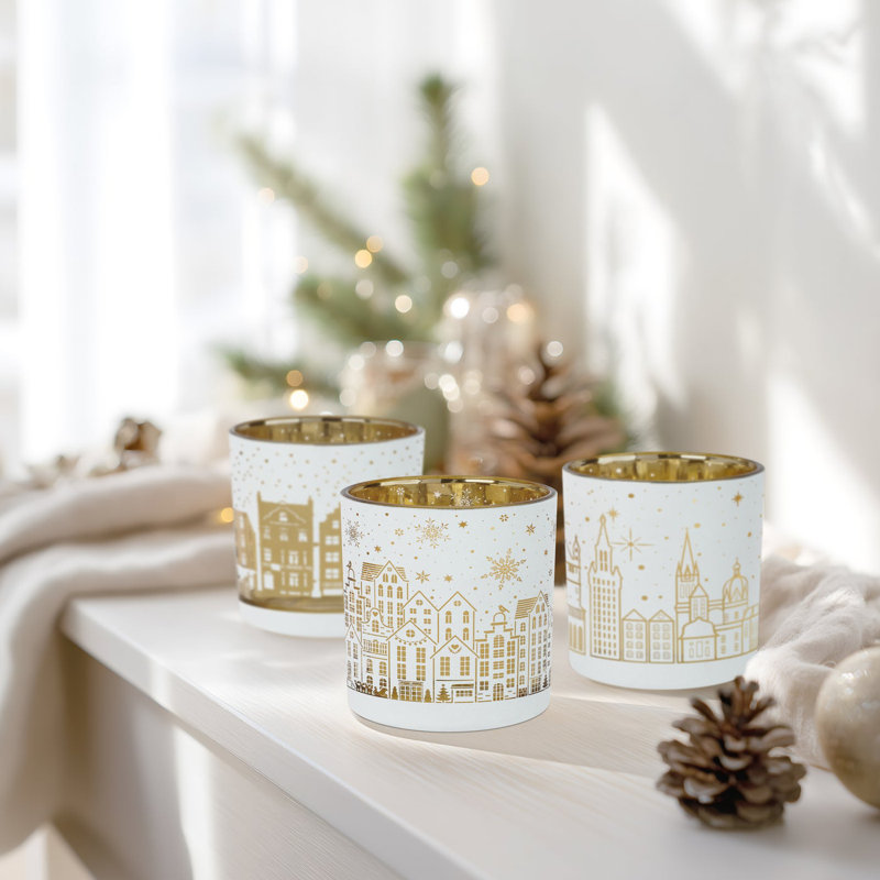 Holiday Glow European Cityscape Glass Hurricane Candle Holders – Set of 3 For Tealights