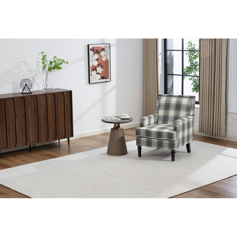Chaise d'appoint rembourrée, fauteuil vintage avec tissu en lin gris et garniture cloutée pour le salon