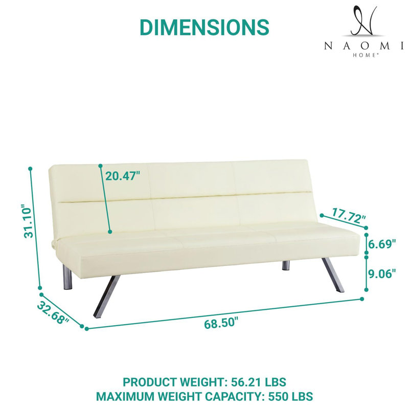 Futon Sofa Bed, Faux Leather Futon Couch, Modern Convertible Folding Sofa Bed Couch with Chrome Legs, Reclining Mini Couch