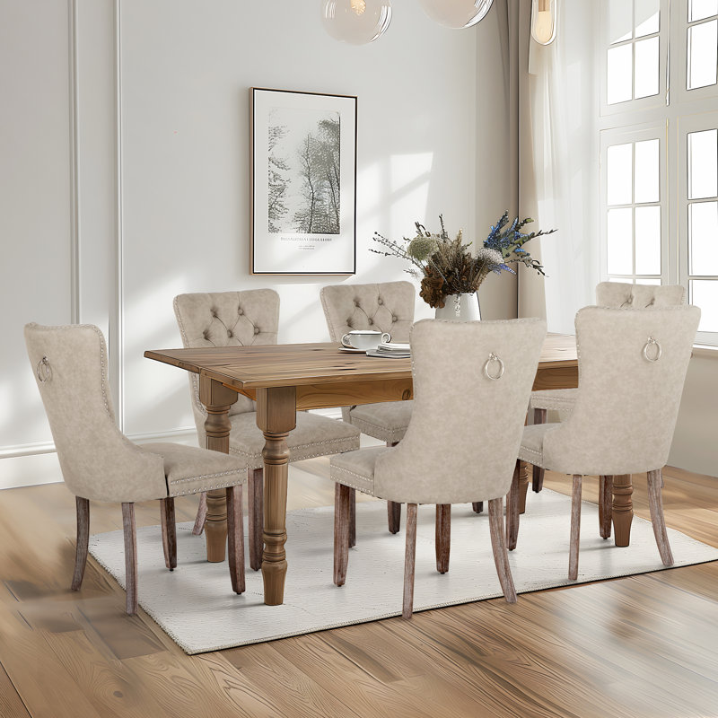 Albrah Tufted Faux Leather Wing Back Dining Chair, Beige Gray/Walnut