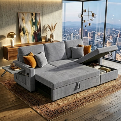83"Sectional Sleeper Sofa with Pull Out Couch Bed, Convertible Corduroy Cloud Couch with Storage Chaise and USB Charging, Comfy L Shaped Modular Couches for Living Room Apartment, Gray.
