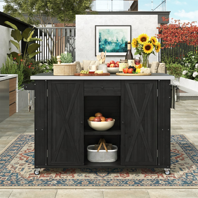 52" Outdoor Kitchen Island / Pizza Oven Stand with Stainless Steel Top - Foldable Rolling BBQ Prep Cart - Black, Black