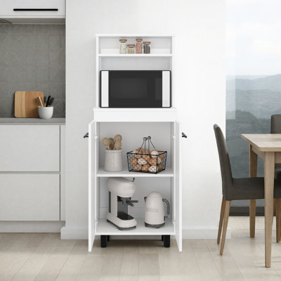 Buffet de cuisine blanc autoportant et support pour micro-ondes avec tablettes, tablette supérieure, comptoir pour installation de rangement dans la salle à manger