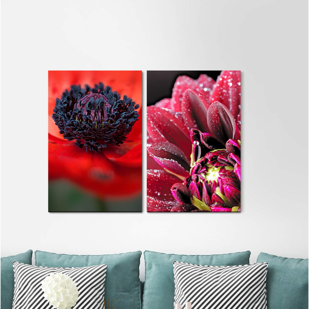 2-tlg. Leinwandbilder-Set - Fotografie „Zinnias Poppy Flower Red Blossoms”