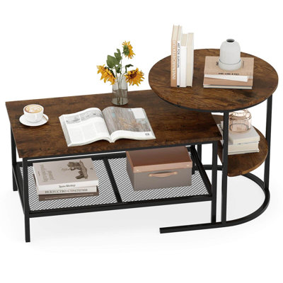 Ensemble de tables basses de style industriel avec tables de bout à deux niveaux avec tablettes de rangement et structure en métal brun rustique et noir