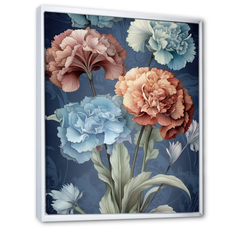 «Coral Blue Carnations Harmony II», reproduction sur toile, H 32 po x l 24 po, Cadre flottant blanc