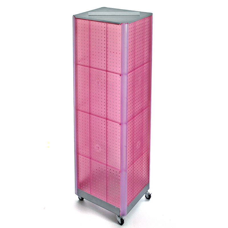 Présentoir de plancher à quatre côtés en équerre sur base à roulettes. Taille du panneau: l 16 po x H 64,25 po